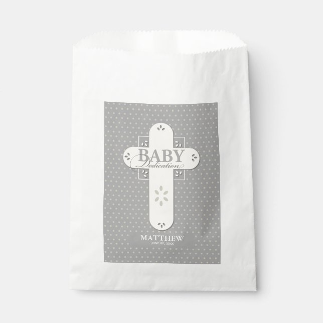 Personalise, Baby Dedication Cream & Grey Cross Favour Bags (Front)