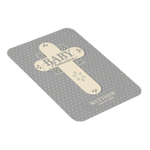 Personalise, Baby Dedication Cream & Grey Cross Magnet