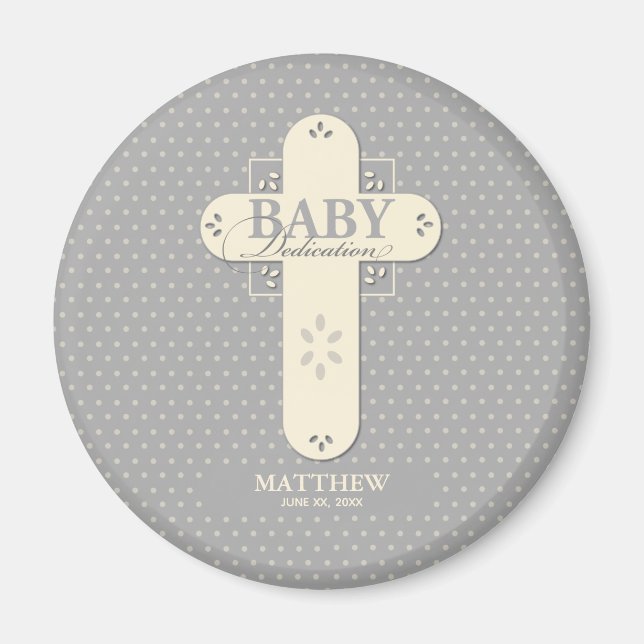 Personalise, Baby Dedication Cream & Grey Cross Magnet (Front)