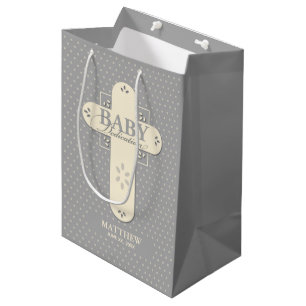 Personalise, Baby Dedication Cream & Grey Cross Medium Gift Bag