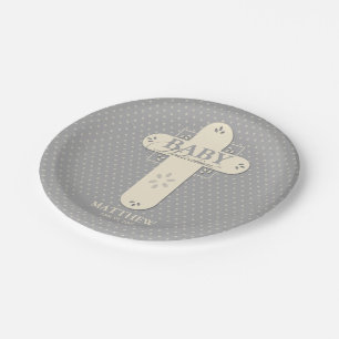Personalise, Baby Dedication Cream & Grey Cross Paper Plate