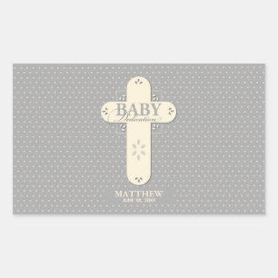 Personalise, Baby Dedication Cream & Grey Cross Rectangular Sticker