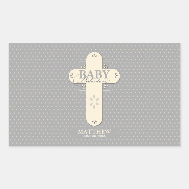 Personalise, Baby Dedication Cream & Grey Cross Rectangular Sticker (Front)