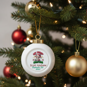 Personalise Baby First Christmas Brown Santa Deer Ceramic Ball Christmas Ornament