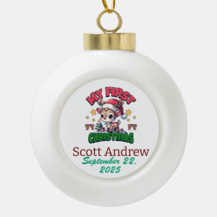 Personalise  Baby First Christmas Brown Santa Deer Ceramic Ball Christmas Ornament