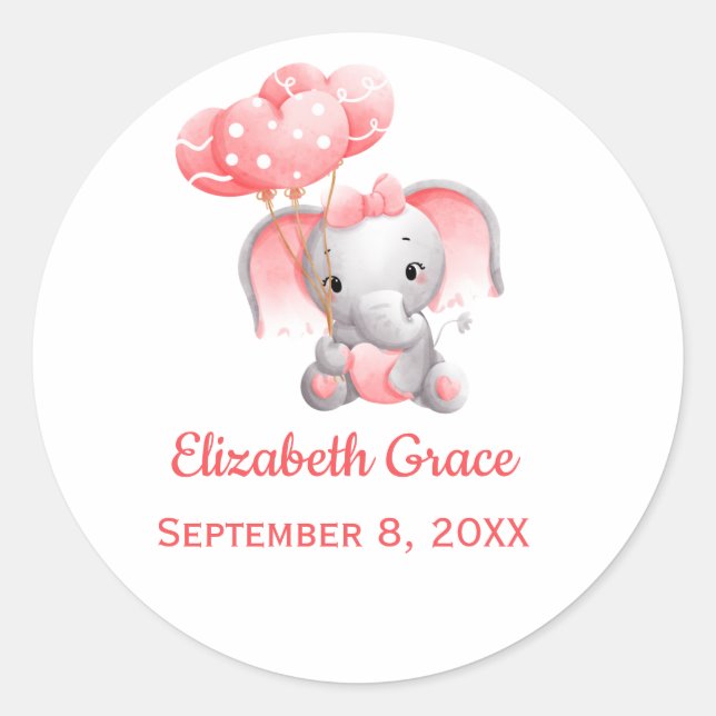 Personalise Baby Girl Pink Elephant Balloon  Classic Round Sticker (Front)