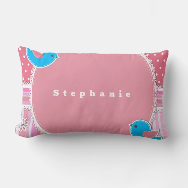 Personalise Baby Girl Pink Plaid Bird Polka Dot    Lumbar Cushion (Front)