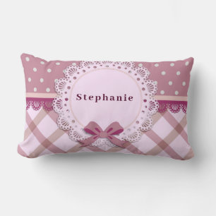 Personalise Baby Girl Pink Plaid Polka Dot Lumbar Cushion