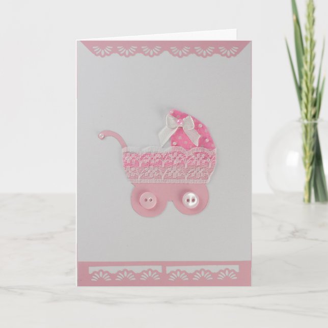Personalise Baby girl Pink Stroller with lace Card (Front)