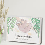 Personalise Baby Name Date Sloth Nursery Decor Wooden Box Sign<br><div class="desc">Adorable Baby Sloth Wooden Box Sign.
This cute baby decoration features a sweet baby sloth hanging from a branch,  framed with green watercolor jungle leaves.
Customise this sign with baby's name and date of birth.</div>