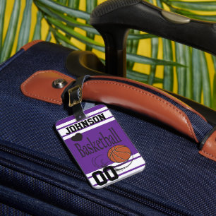 Personalise Basketball Dark Purple and White Luggage Tag
