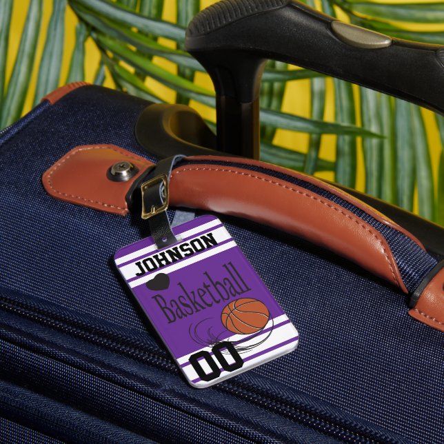Personalise Basketball Dark Purple and White Luggage Tag (Front Insitu 1)