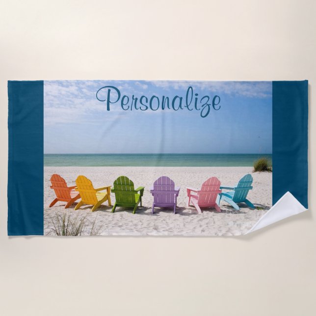 Personalise Beach with Colourful Beach Chairs Beach Towel (Front)