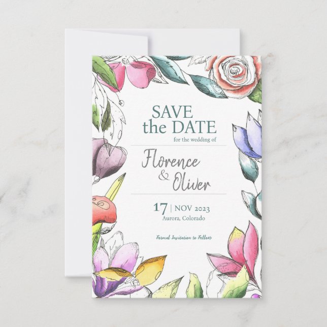 Personalise Beautiful Floral Outlined Save The Date (Front)