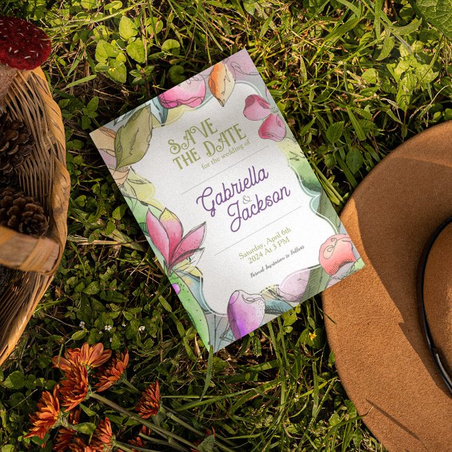 Personalise Beautiful Watercolor Outlined Flower Save The Date (Creator Uploaded)