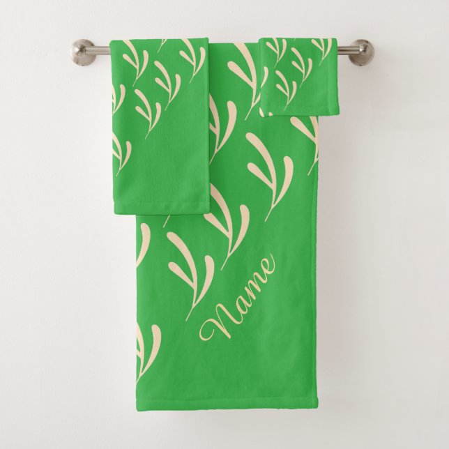 Personalise Beige Leaf Repeat Bright Green  Bath Towel Set (Insitu)