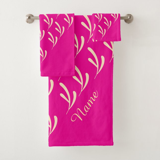 Personalise Beige Leaf Repeat Hot Pink   Bath Towel Set (Insitu)