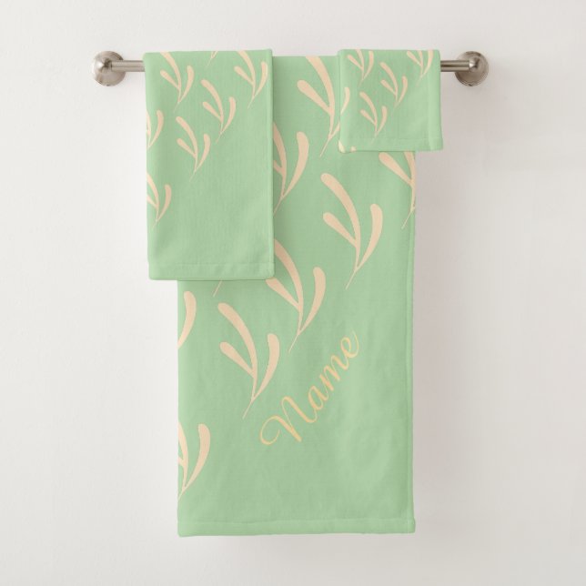 Personalise Beige Leaf Repeat Pastel Green   Bath Towel Set (Insitu)