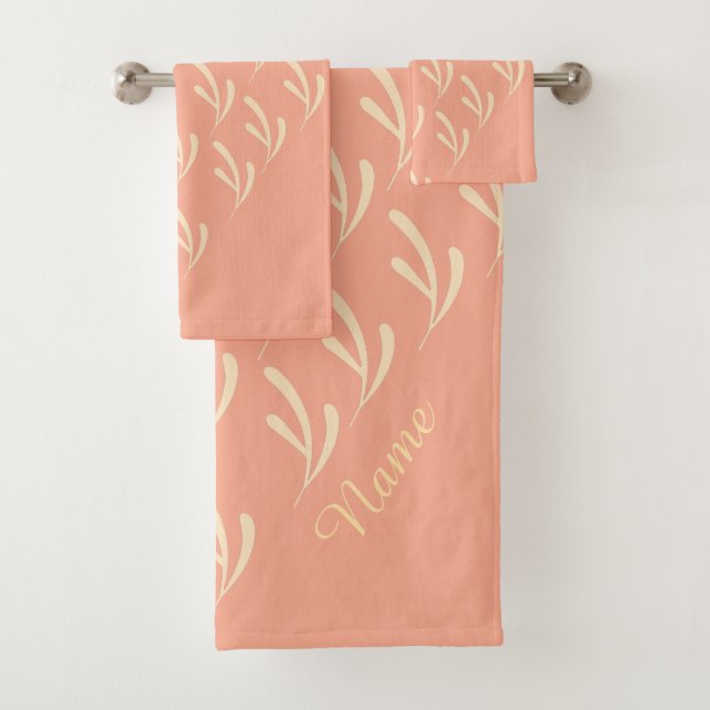 Personalise Beige Leaf Repeat Peach  Bath Towel Set (Insitu)