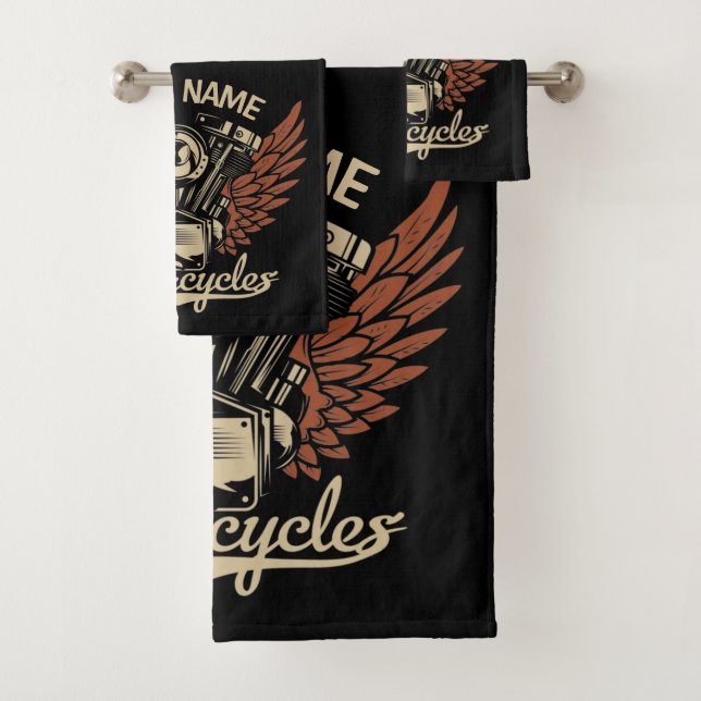  Personalise Biker Motorcycles Motor Wings Garage  Bath Towel Set (Insitu)