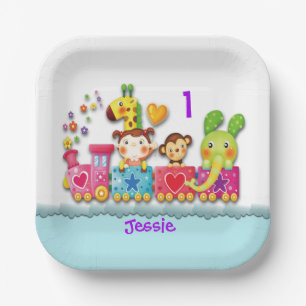 Personalise Birthday Animal Train Young Child Paper Plate