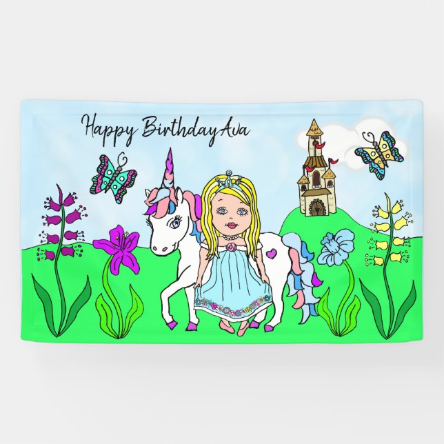 Personalise Birthday Banner Princess and Unicorn (Horizontal)