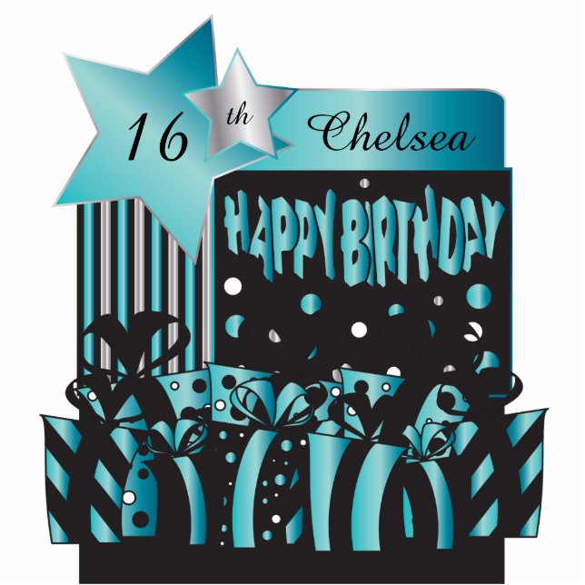 Personalise Birthday Girl in Elegant Turquoise Standing Photo Sculpture (Front)