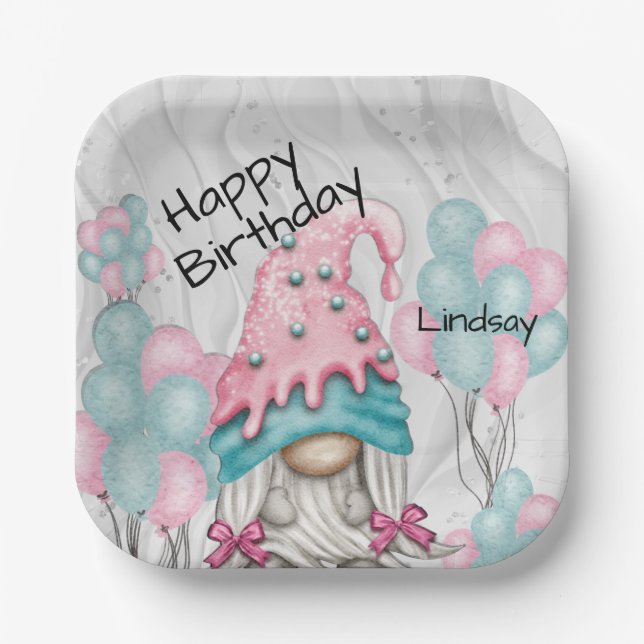 Personalise Birthday Gnome for her Pink Turquoise  Paper Plate (Front)