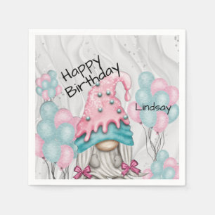 Personalise Birthday Gnome Girl Ballons Napkin