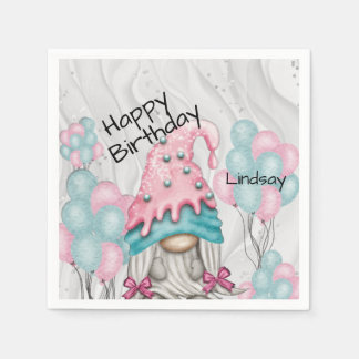 Personalise Birthday Gnome Girl Ballons  Napkin