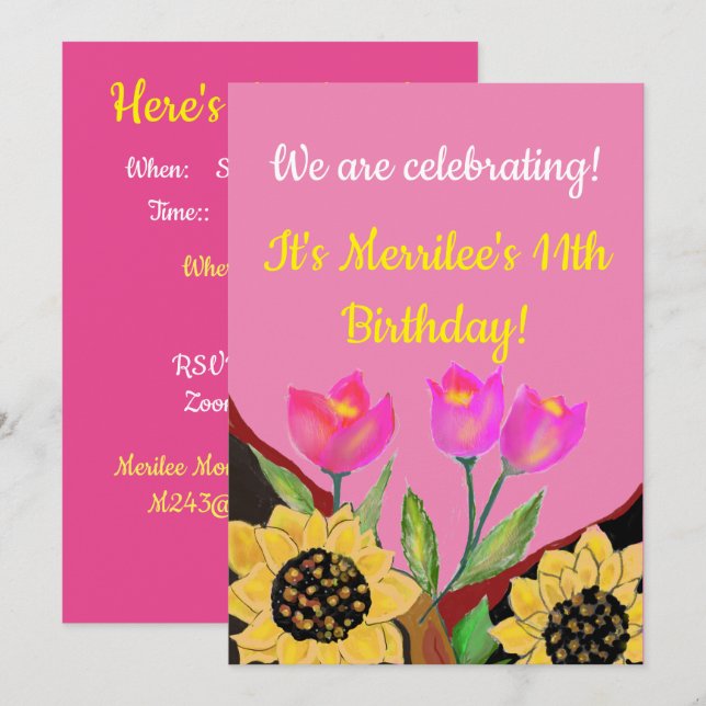 Personalise Birthday Invite Tulips & Sunflowers (Front/Back)