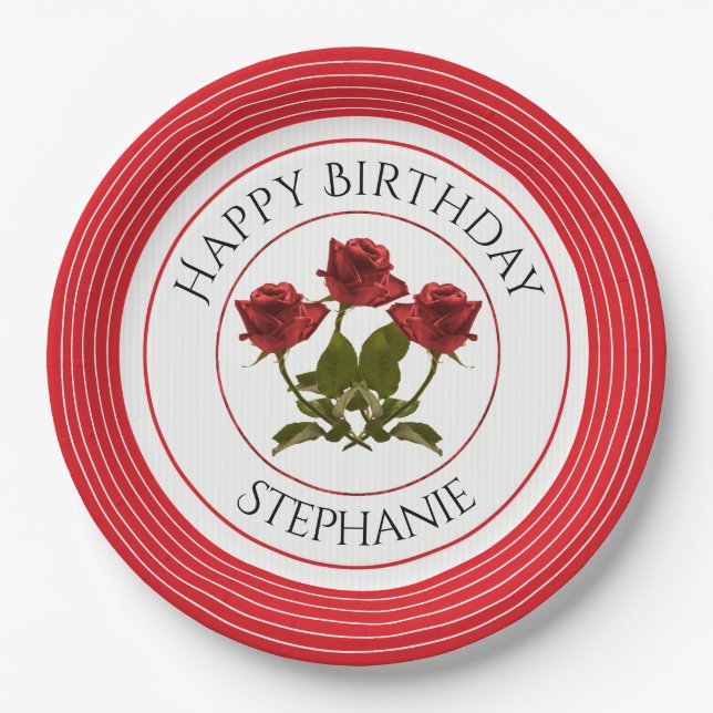 Personalise:  Birthday Red Rose Floral Photography Paper Plate (Front)