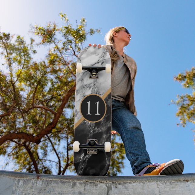 Personalise Birthday Skateboard Black White Marble (Outdoor 1)