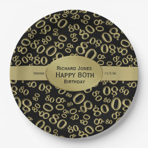 Personalise:  Black and Gold 80th Birthday Theme Paper Plate