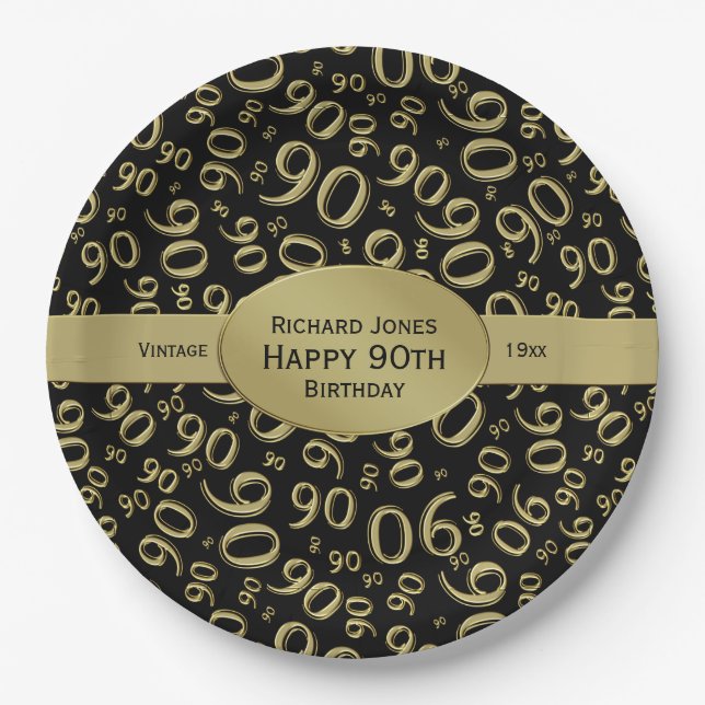 Personalise:  Black and Gold 90th Birthday Theme Paper Plate (Front)
