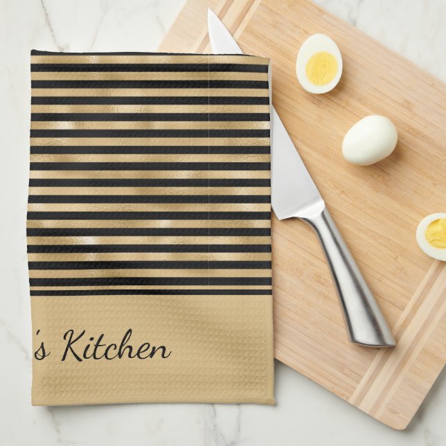 Personalise Black and Gold Striped Trendy Stylish  Tea Towel (Quarter Fold)