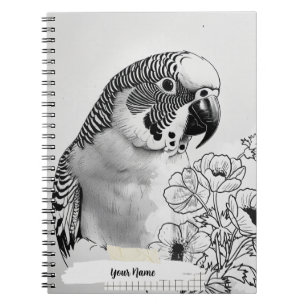 PERSONALISE Black and White Parakeet Bird Notebook