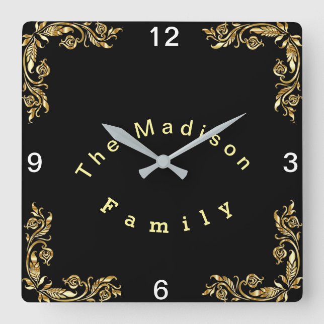 Personalise Black Background Gold Floral Border Square Wall Clock (Front)