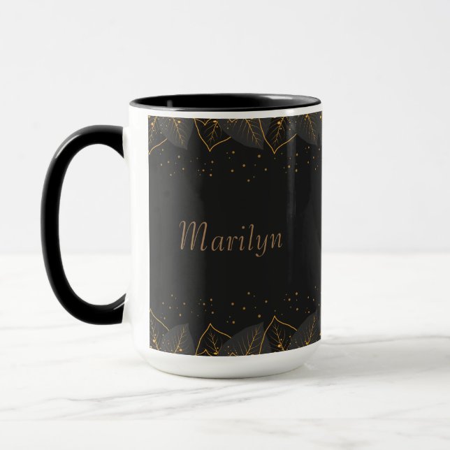 Personalise Black Background with Gold Leaf Border Mug (Left)