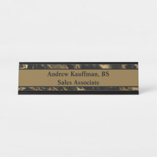 Personalise Black Brown Gold Marble Modern Trendy Desk Name Plate