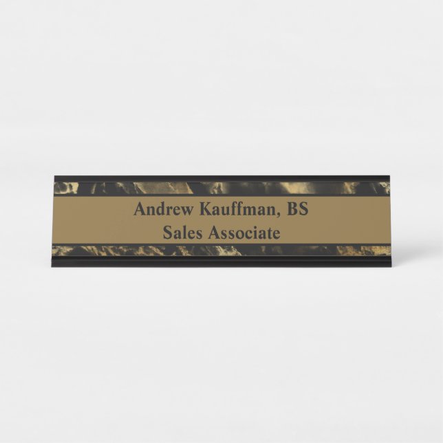 Personalise Black Brown Gold Marble Modern Trendy Desk Name Plate (Front)