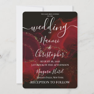 Personalise: Black Dark Red Alcohol Ink Wedding Invitation