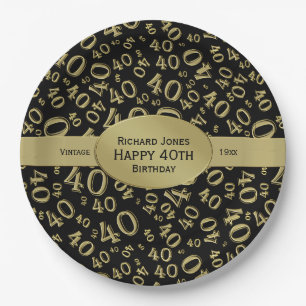 Personalise:  Black/Gold 40th Birthday Party Theme Paper Plate
