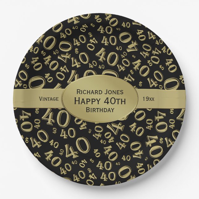 Personalise:  Black/Gold 40th Birthday Party Theme Paper Plate (Front)