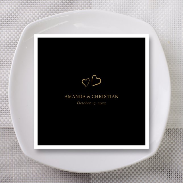 Personalise Black & Gold Heart Wedding Cocktail  Napkin (Personalize Black & Gold Heart Wedding Cocktail  Napkins)