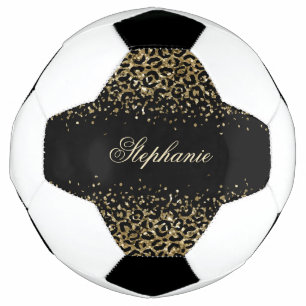 Personalise Black Gold Leopard Print Glitter Girls Football