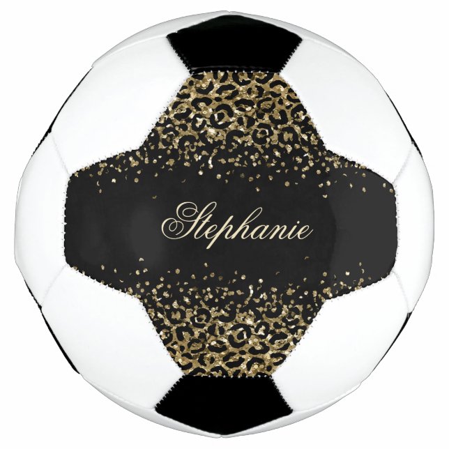 Personalise Black Gold Leopard Print Glitter Girls Football (Front)