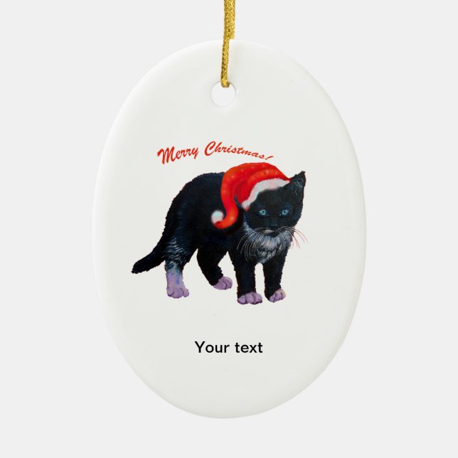 Personalise Black Kitten Merry Christmas Ceramic Tree Decoration (Front)