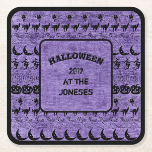 Personalise: Black/Purple Halloween Fun Font Art Square Paper Coaster