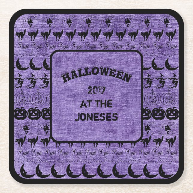 Personalise:  Black/Purple Halloween  Fun Font Art Square Paper Coaster (Front)